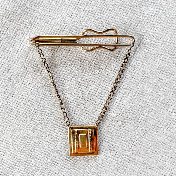 Vintage Hadley Gold-Tone Tie Bar Clip w/ Chain - Men's Formalwear - Picture 1 of 9